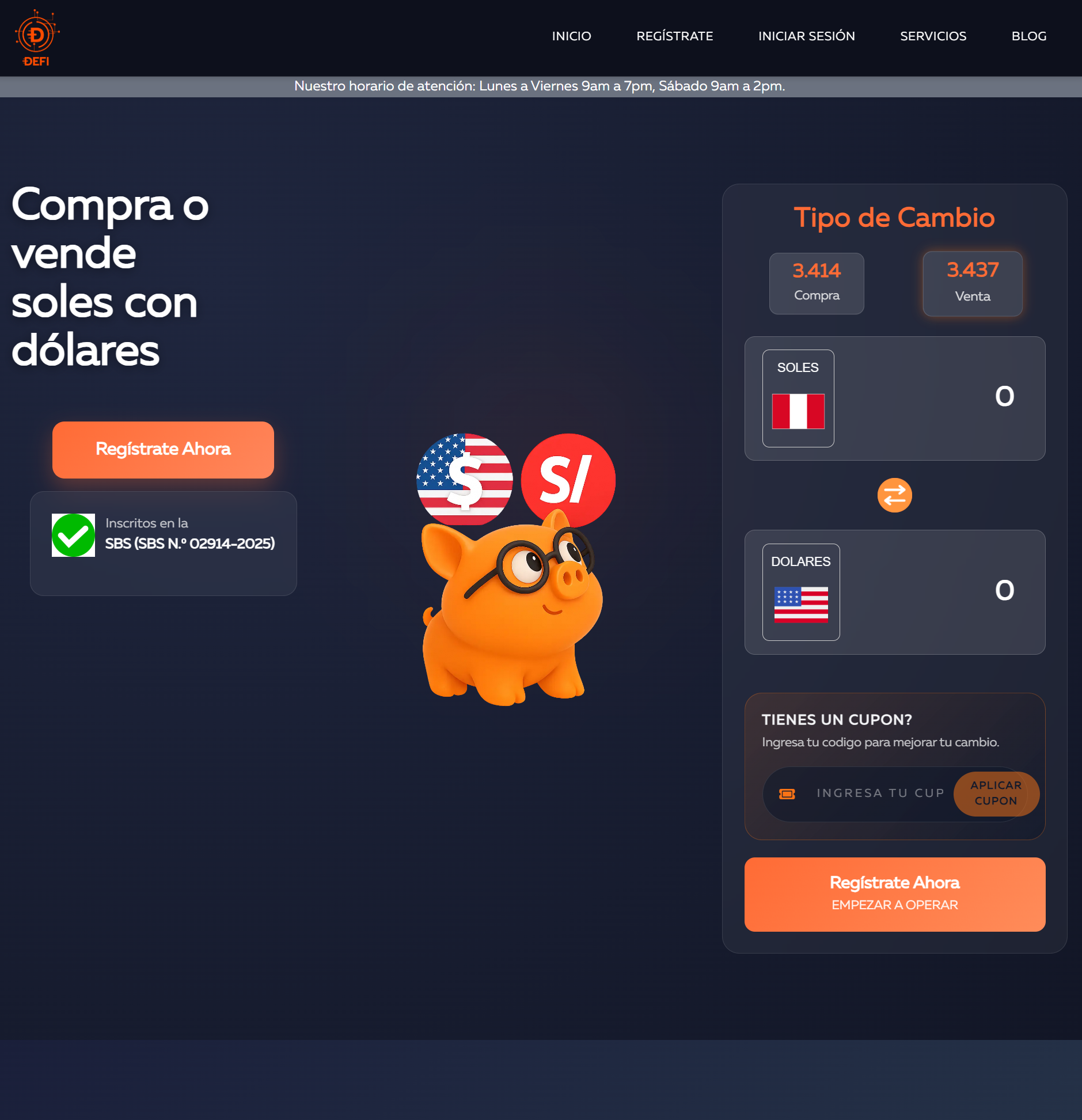 Plataforma web para casa de cambio con interfaz moderna y enfoque comercial.