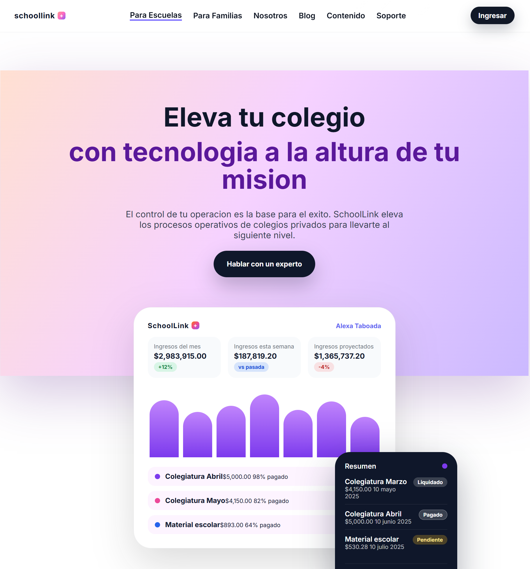 Plataforma institucional para colegios con enfoque en familias, alumnos y administracion.